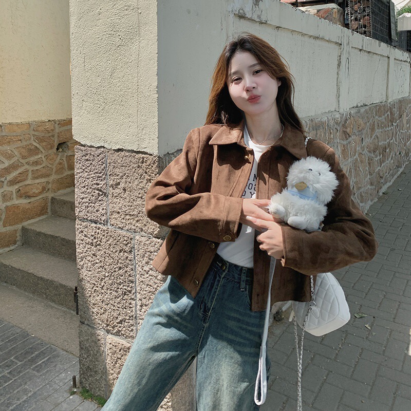 咖色美拉德麂皮绒短外套女春秋季2025新款小个子港风复古夹克上衣|undefined