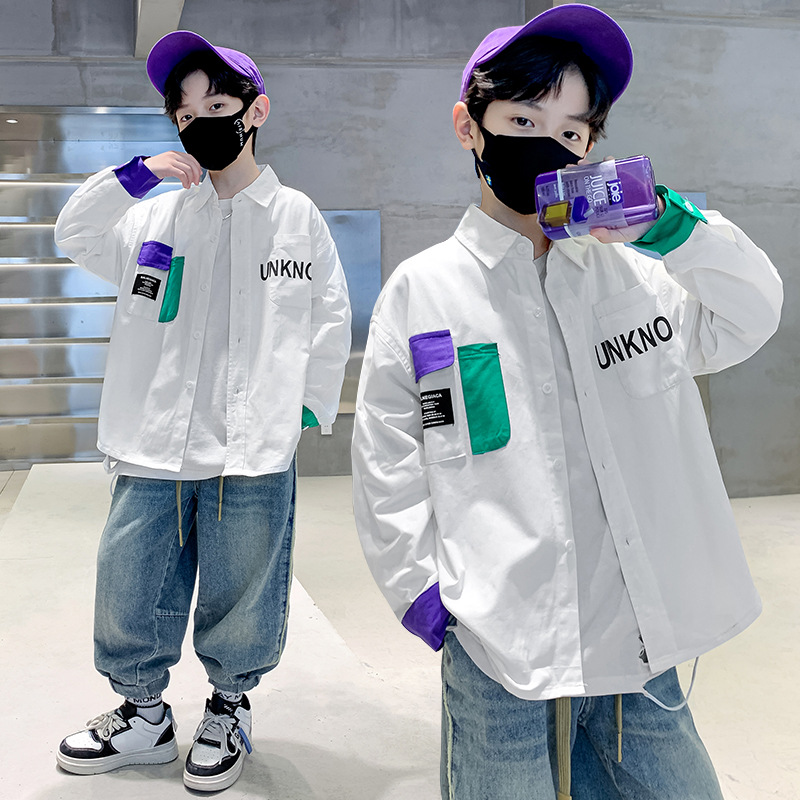 男童春季拼色棉布衬衫外套2024新款大儿童洋气休闲夹克上衣春秋款