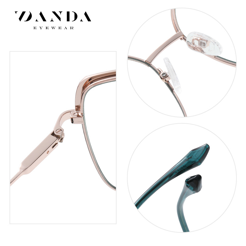 Nueva tendencia gafas marco de metal femenino de dos colores espejo plano JS8617 patada piernas tirachinas con miope anti-luz azul