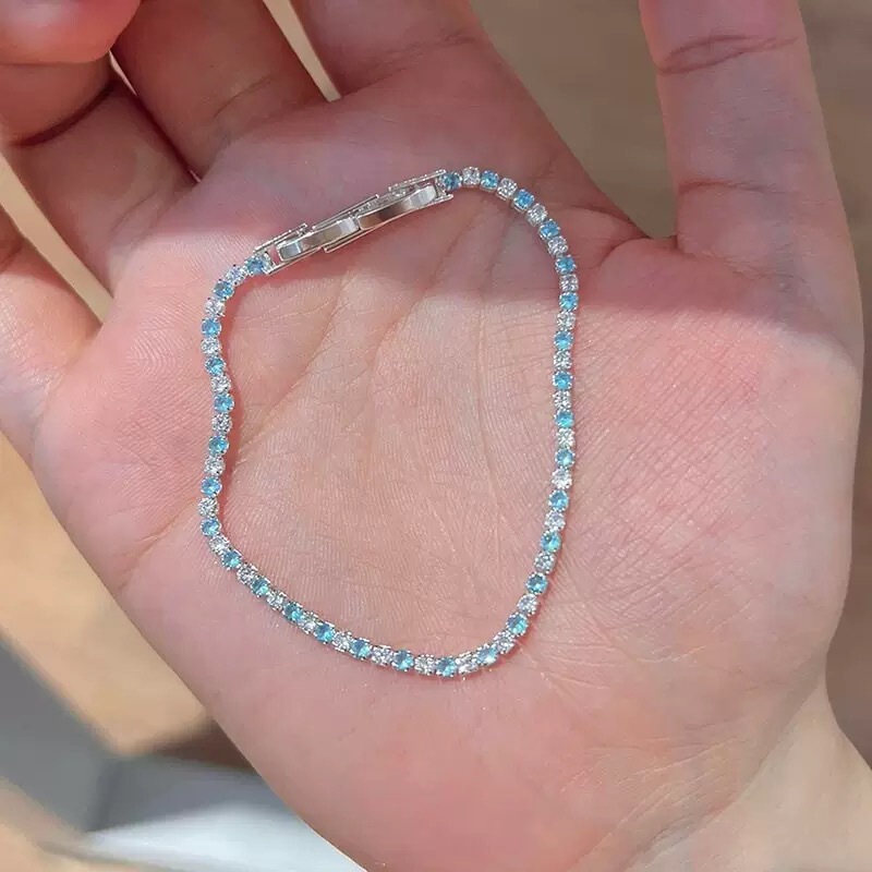 Exquisite Sea Blue Diamond Tennis Bracelet for Women, Niche Design, High-End Feel, Fine Style, Full Diamond Bracelet, Versatile, Brightening Hand Accessory Exquisite Sea Blue Diamond Tennis Bracelet for Women, Niche Design, High-End Feel, Fine Style, Full Diamond Bracelet, Versatile, Brightening Hand Accessory