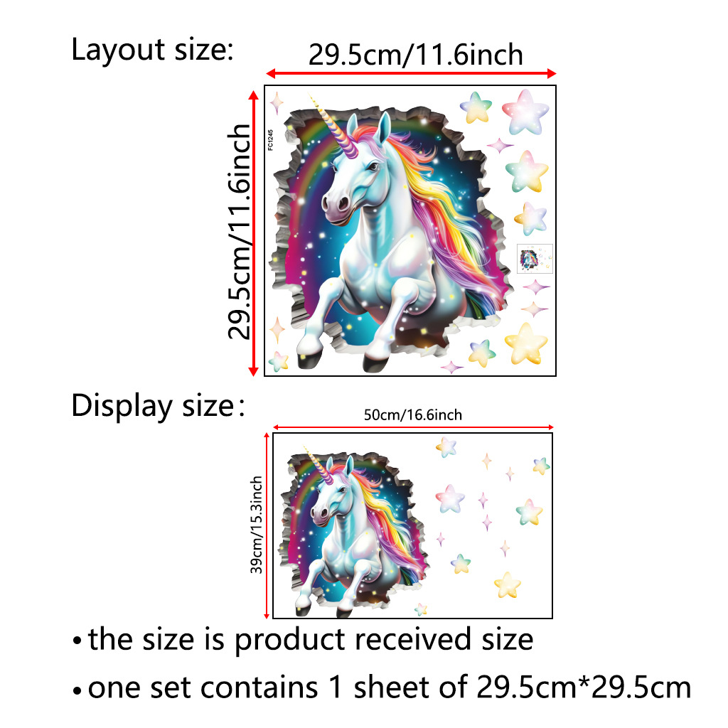 Cross-Border 3D Unicorn Breaking Wallpaper Bathroom Sticker Children's Room Background Wall_voghion.com