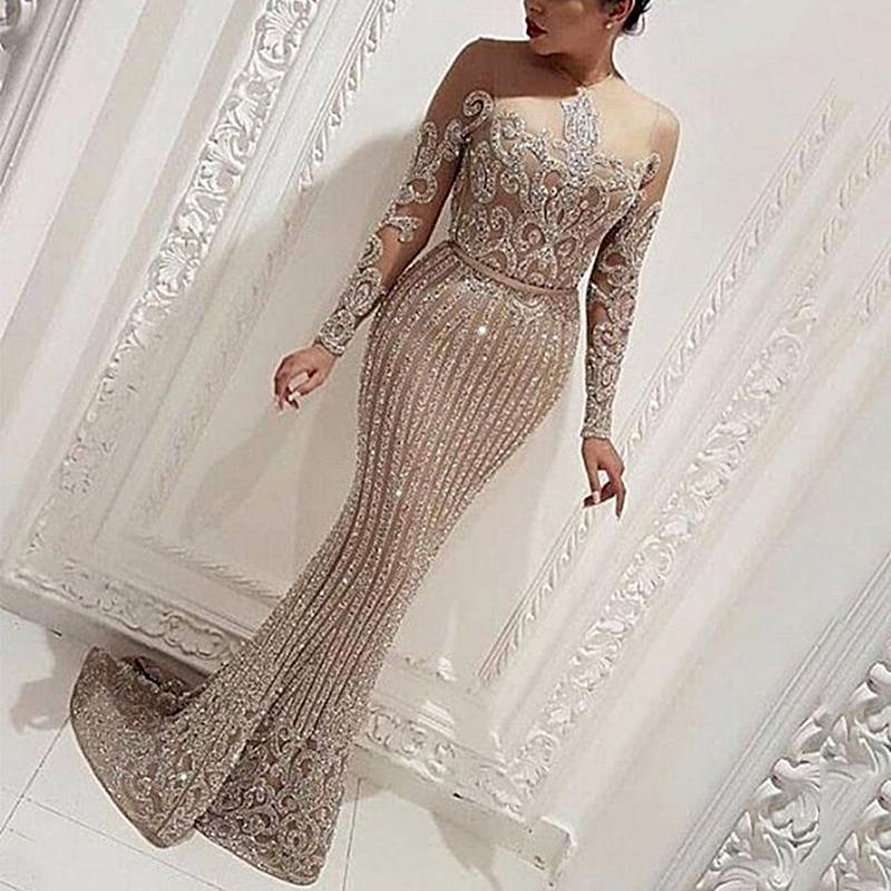 Bling evening dress for women Sexy bronzing long-sleeved birthday party celebration prom dress singers stage performance long mermaid gown