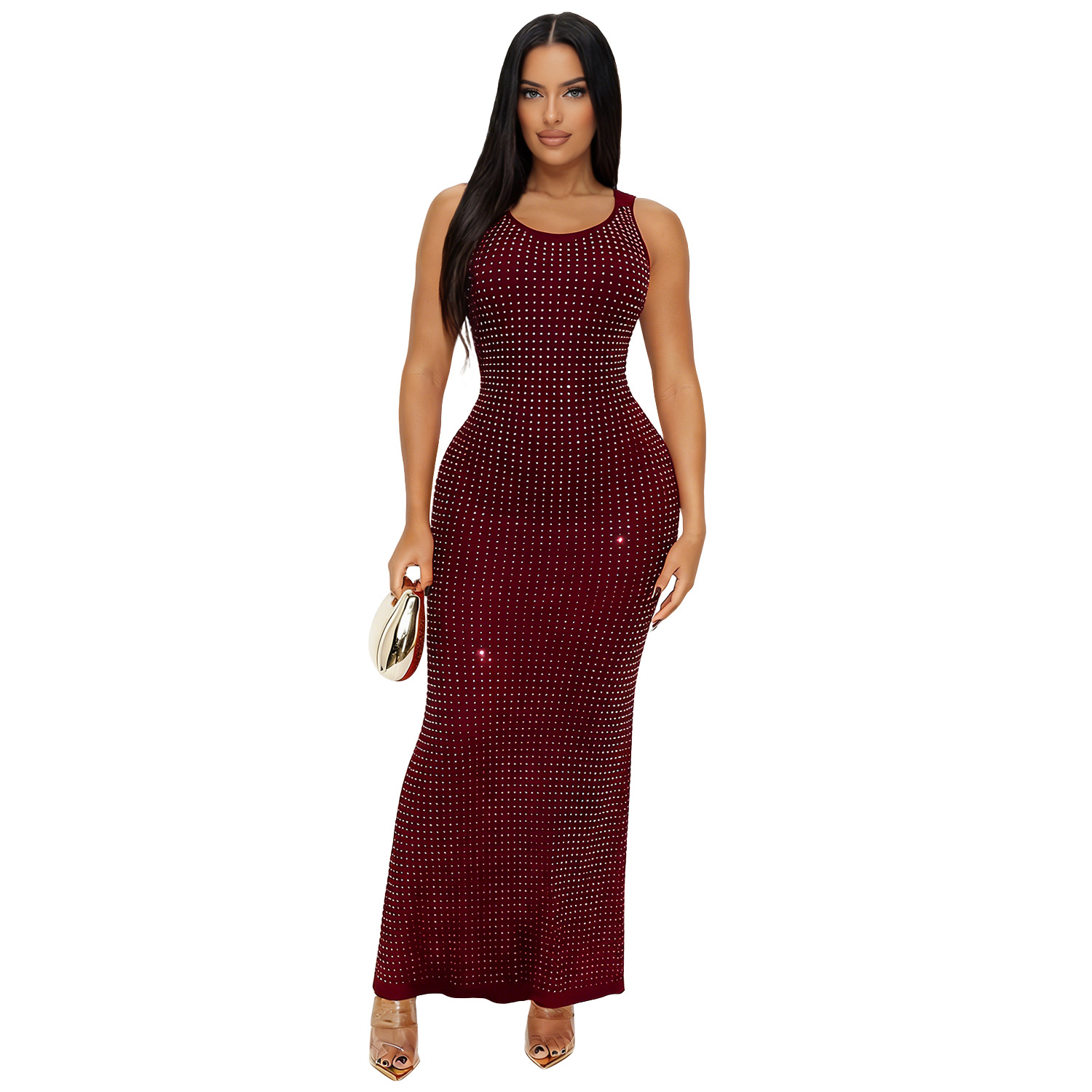 C7629 Aliexpress transfronterizo amazon ropa de moda europea y americana sexy taladro caliente de cintura alta frente y atrás vestido image 8