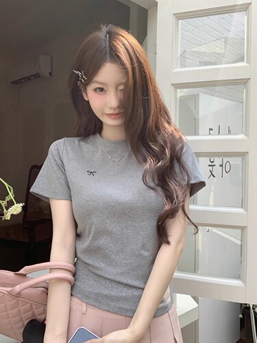 6621#2025 Summer Short-Sleeve T-Shirt Korean-Style Embroidered Sweet and Spicy Pink Knit Fitted Crew Neck Square Shoulder Top for Women