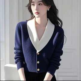 2025春秋新款洋气百搭V领拼色短款针织开衫外套上衣女