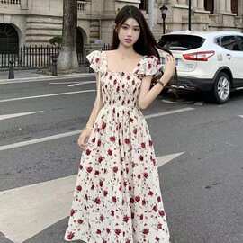 2024新款夏季法式吊带海边度假风裙玫瑰碎花收腰显瘦连衣裙女长款