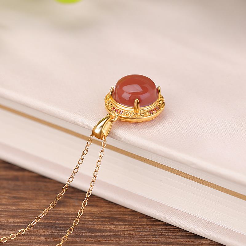 Mặt dây chuyền bạc S925 mạ vàng đỏ hình tròn rỗng hoa phương nam phong cách cung điện — Mặt dây chuyền đơn (không có dây chuyền)