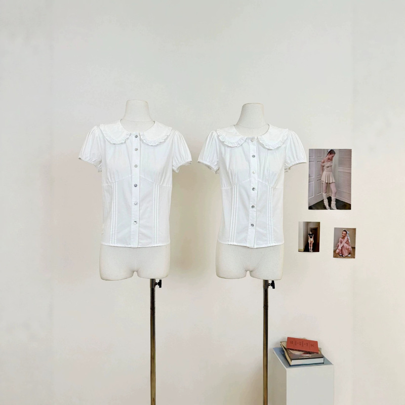 Lace Ruffle Doll Collar Shirt with Shell Buttons, Slim Fit Design, Short-Sleeve T-Shirt for Summer Lace Ruffle Doll Collar Shirt with Shell Buttons, Slim Fit Design, Short-Sleeve T-Shirt for Summer