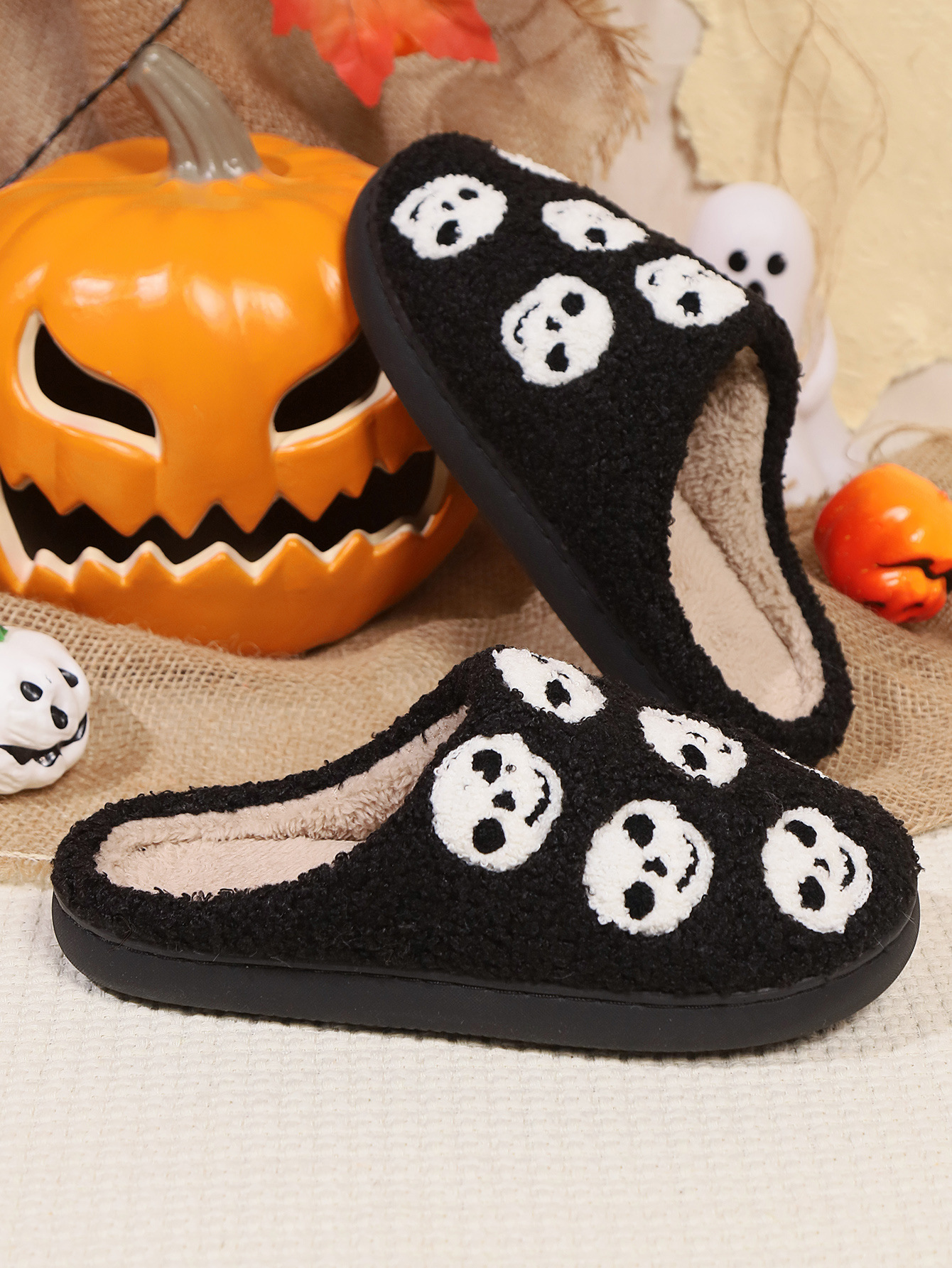 Chaussons en coton pour couple hommes et femmes, citrouille d'Halloween, automne et hiver, livraison à domicile_voghion.com