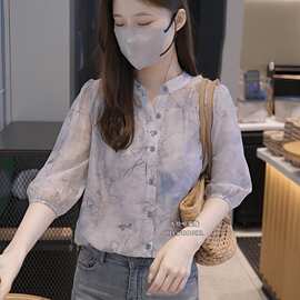 夏季雪纺印花衬衫女新款清新洋气气质复古五分袖小衫碎花立领上衣
