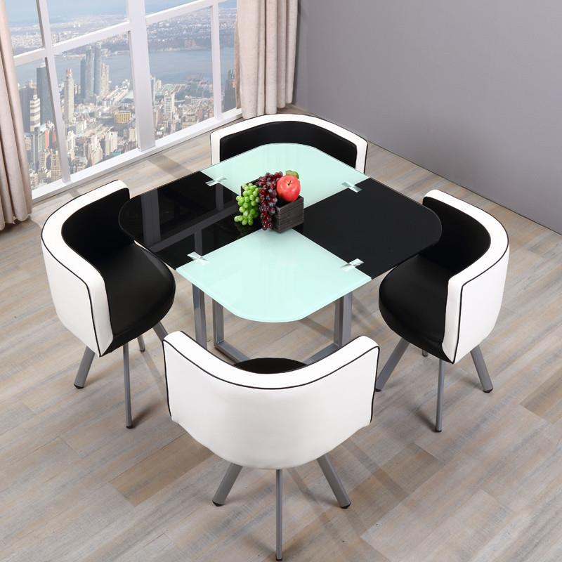 Mesa y sillas de comedor modernas, mesa redonda pequeña de vidrio templado, mesa y sillas para recepción y negociación, una mesa y cuatro sillas, cocina de inducción.