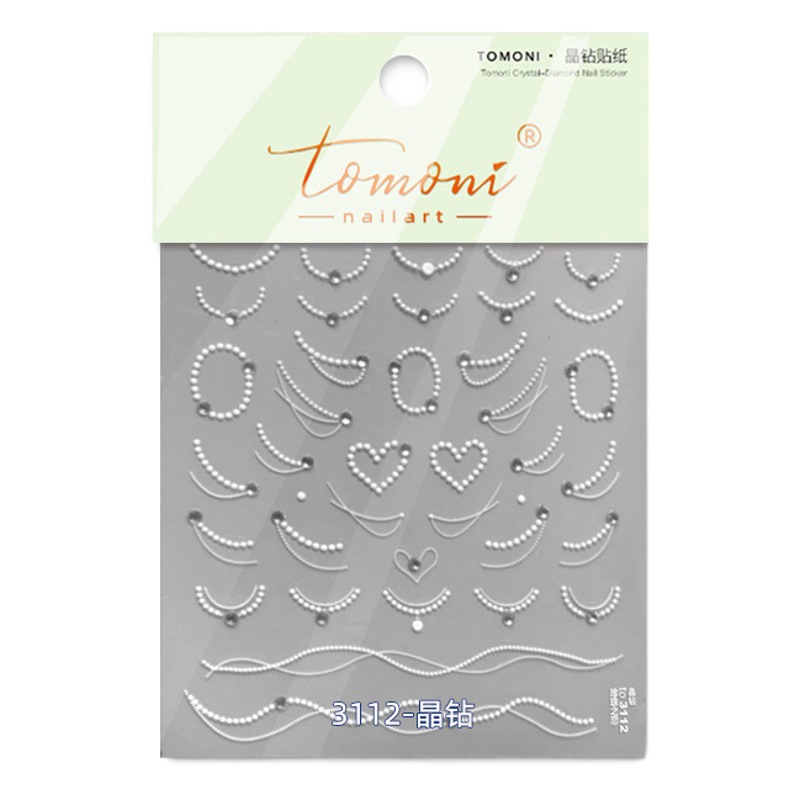 Tomoni y Mo Wu Crystal Diamond French Lujo ligero con incrustaciones de diamantes Etiqueta engomada para uñas Cadena de amor de perlas Joyas pequeñas Etiqueta engomada para uñas