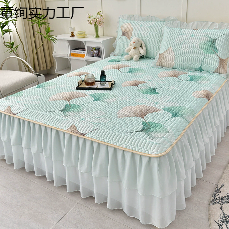 Коврик из натурального латекса, комплект из трех предметов, двухслойная кружевная юбка для кровати, мягкий коврик с кондиционером, комплект из трех предметов, складной и машинной стирки