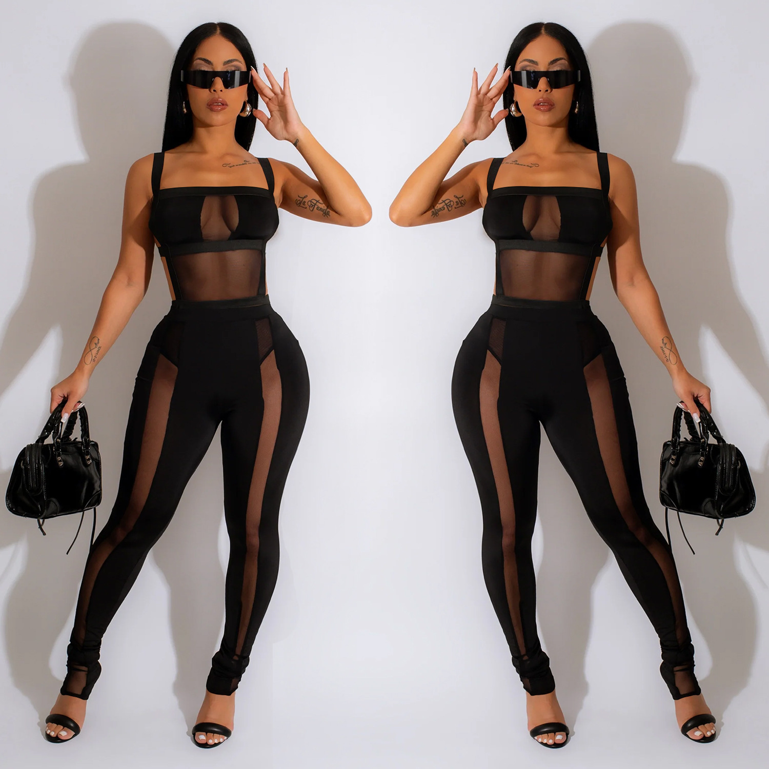 C6332 precio especial no retorno ni cambio de ropa de moda de mujer de malla de color sólido pantalones largos trajes negros para mujeres