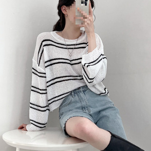 Spring and Summer Thin Long-Sleeved Loose and Versatile Knitted Hollow Short Air-Conditioned Blouse Striped Sun Protection Top