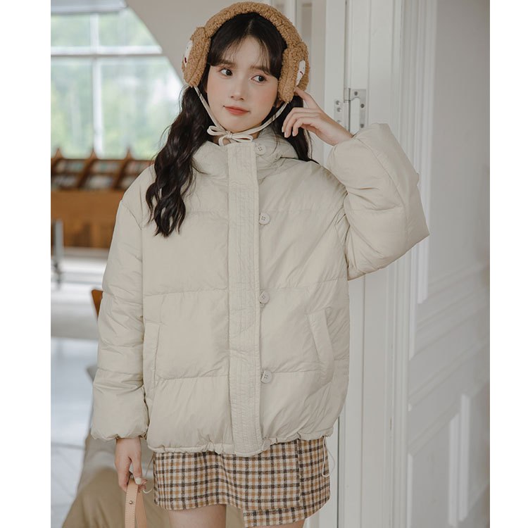 Winter Korean Style Loose Hooded White Duck Down Cotton Coat For Women With Discreet Design Half-button Cotton Coat