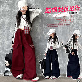 跨境女童爵士舞潮服2025新款韩国童装潮酷工装裤小女孩模特走秀服