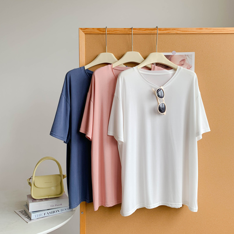 Ice Silk Cool-Touch Mid-Length Wide Copper Ammonia Silk Raw Edge Collar Short-Sleeve Shirt for Women, New Style Layered Solid Color Short-Sleeve T-Shirt for Women