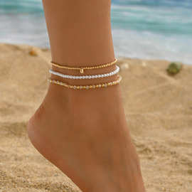 欧美跨境饰品沙滩脚链套装个性脚饰金色复古珍珠串珠脚饰三件套