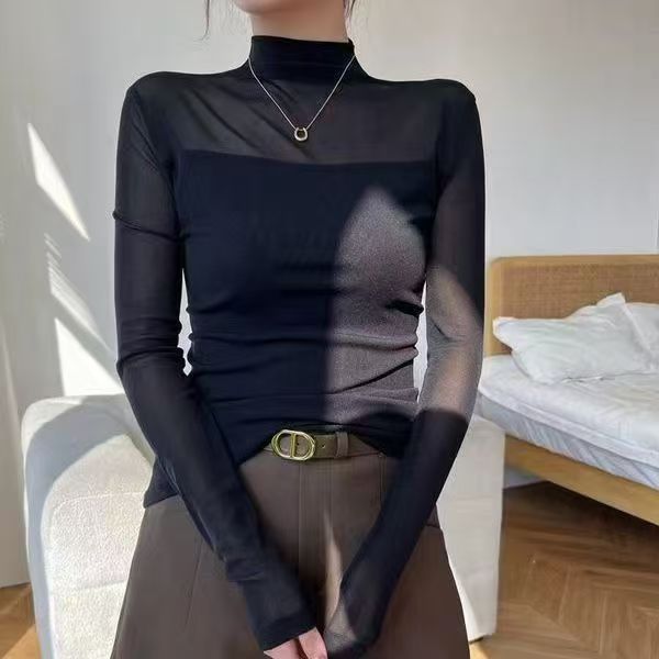 复古网纱打底衫港风半高领气质减龄长袖女蕾丝拼接时尚高级感上衣|undefined