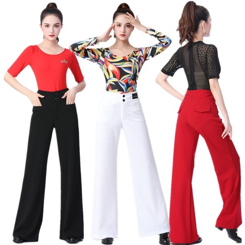 Jitterbug Women latin ballroom dancing long wide leg Pants greeb black red purple white royal blue modern Latin dancing hip pants