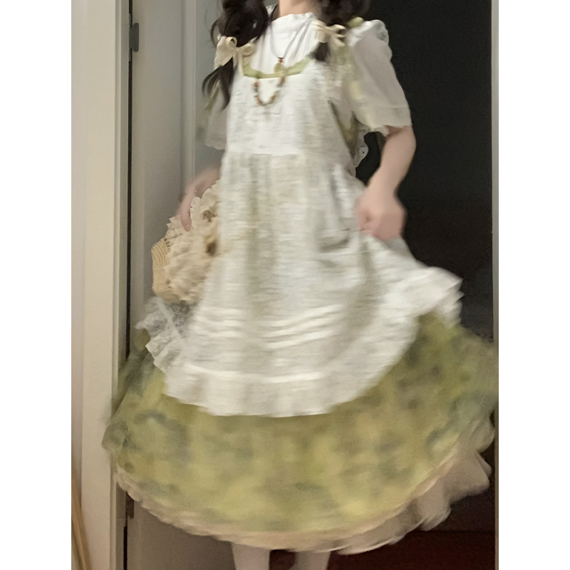 森系三件套学院小个子两件套复古碎花吊带裙短袖衬衫蕾丝罩衫裙女
