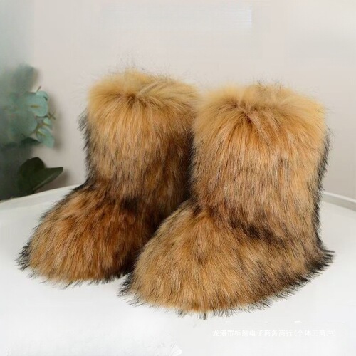 Eurasian fluffy snow boots with mid-calf length, winter new style sleeve boots, thickened imitation fox fur mid-calf snow boots
