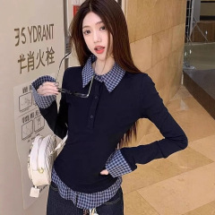 假两件格子polo领T恤衫女春秋装藏蓝色高级感时尚修身长袖上衣潮