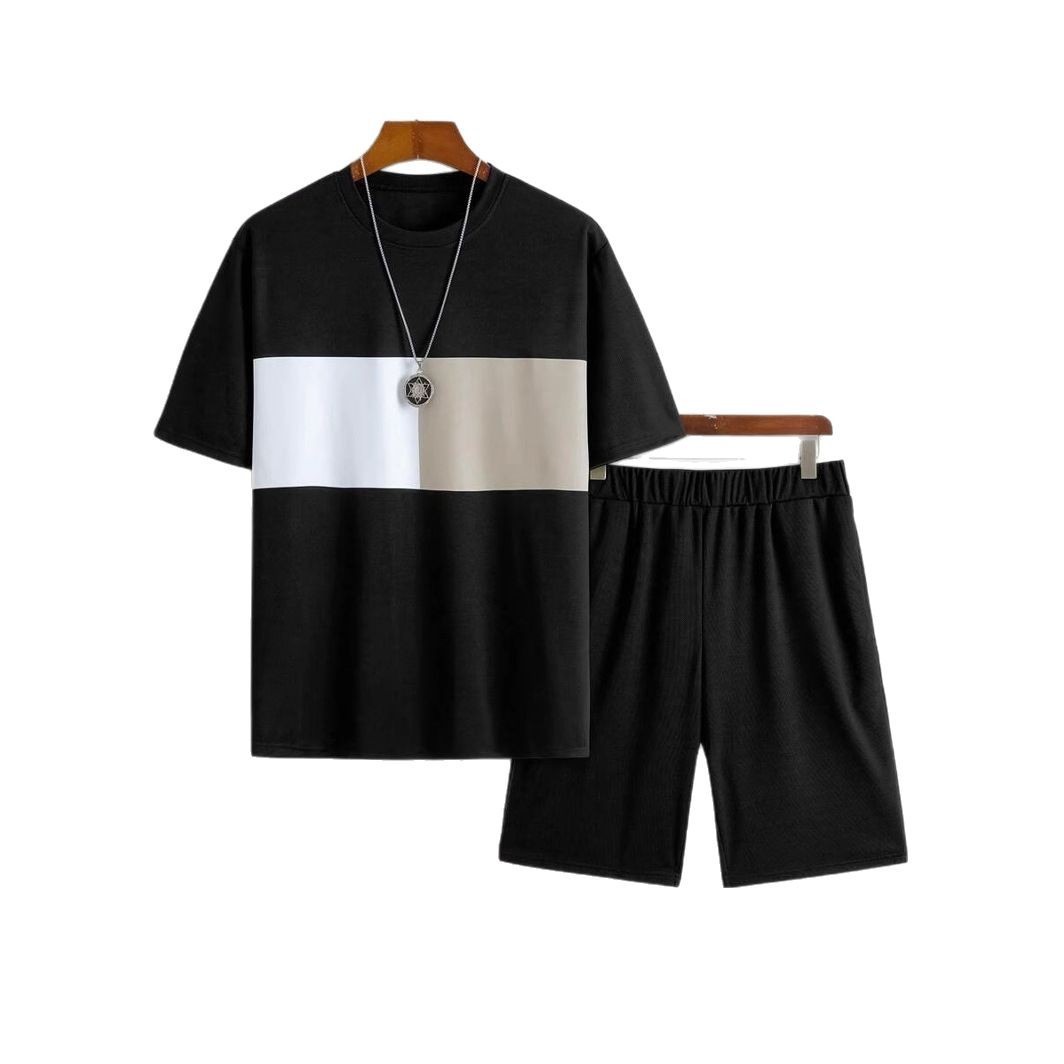 Traje de hombre con estampado digital 3D a rayas en contraste, camiseta, traje deportivo para hombre, cuello redondo, pantalones cortos con cordón de manga corta