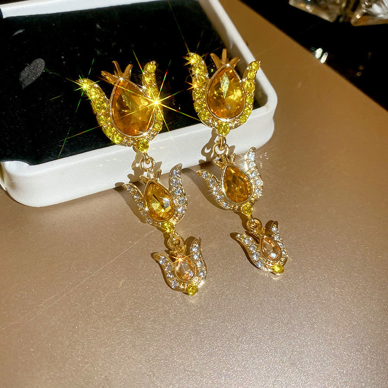 银针猫眼石黄色镶钻圆圈耳环轻奢高级感耳钉小众设计精致时尚耳饰|undefined