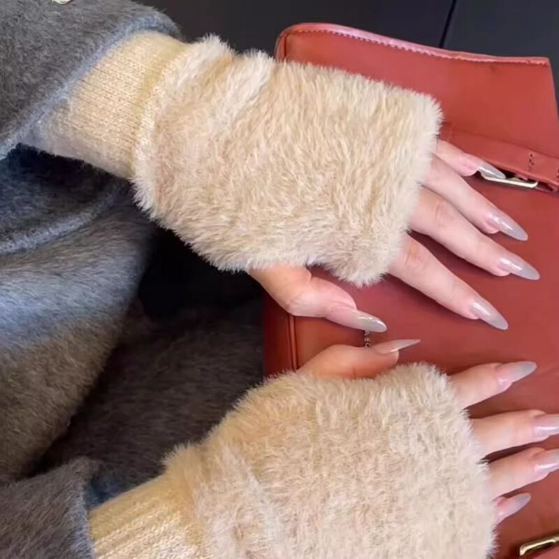 Ins Korean Style Fleece-Lined Simple Plush Half-Finger Gloves New Warm Autumn and Winter Hand Socks with Touch Screen