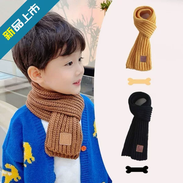 2025 New Winter Baby Boys and Girls Warm Thickened Korean Knitted Scarf Children's Neck Protection Windproof Solid Color Leather Label