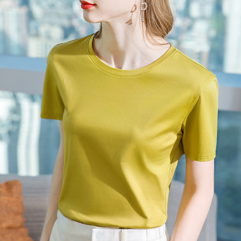 コットン半袖Tシャツレディース2025年夏新作ラウンドネックバーガンディスリムフィットシャツトップ|undefined