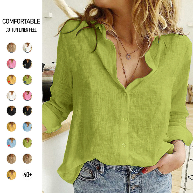 2025 Spring and Autumn Asia Ma Xun ebay European and American Women's Casual Loose Long Sleeve Linen Shirt plus size Women's in stock