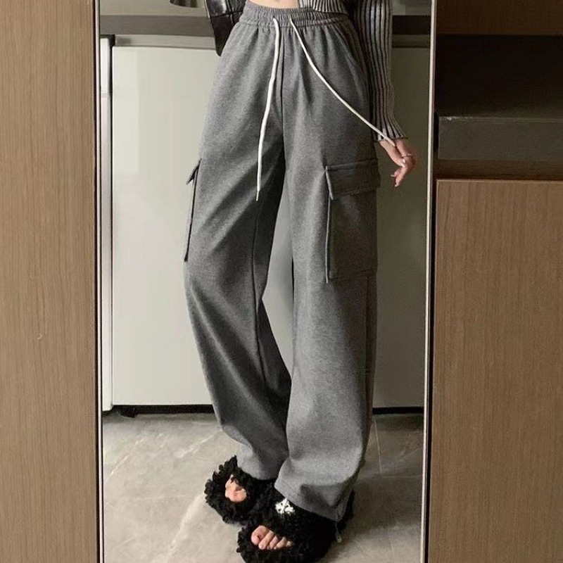 Pantalones cargo casuales de cintura alta para mujer, nuevo estilo de otoño, estilo retro americano, largos hasta el suelo, pantalones anchos de pierna recta que estilizan.
