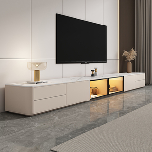 . High Rock Board TV Cabinet Coffee Table Combination Simple Modern Small Apartment Living Room Cream Style Solid Wood Fillet Floor