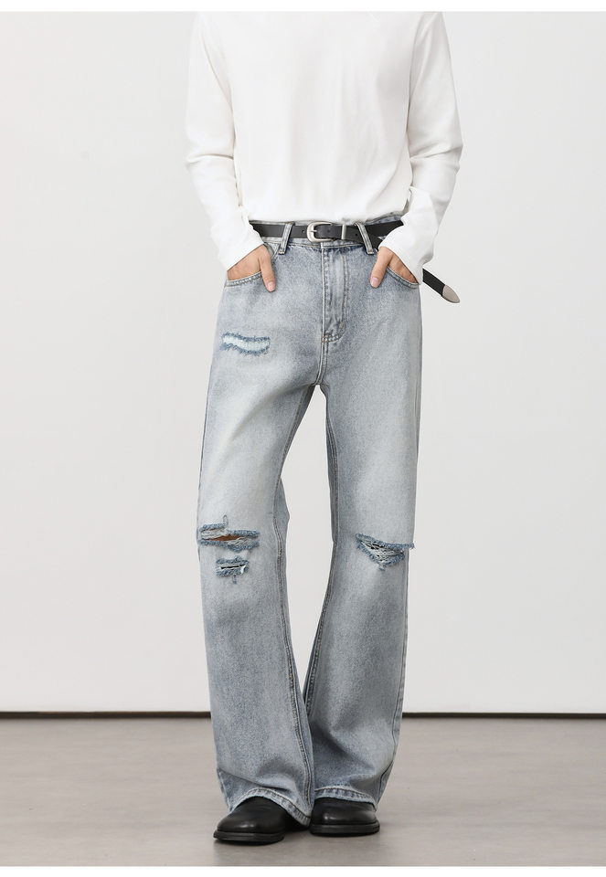 Quần jean nam ống loe nhẹ rách gối phong cách retro, dáng rộng ống suông tôn dáng, quần dài casual — Xanh nhạt, Xanh đậm chi tiết 32