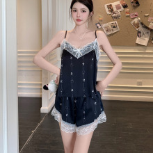 新款冰雪丝吊带短裤蕾丝性感冰丝睡衣套装女夏季薄款可爱甜美印花
