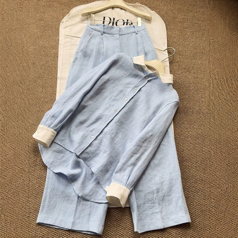 One! Blue Imported Linen Loose and Comfortable Shirt for Women, Early Spring and Summer High-End Light Luxury Faux Two-Piece Top One! Blue Imported Linen Loose and Comfortable Shirt for Women, Early Spring and Summer High-End Light Luxury Faux Two-Piece Top