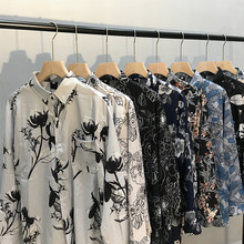 古着vintage复古油画印花长袖衬衫男女生潮流港风ins情侣碎花衬衣