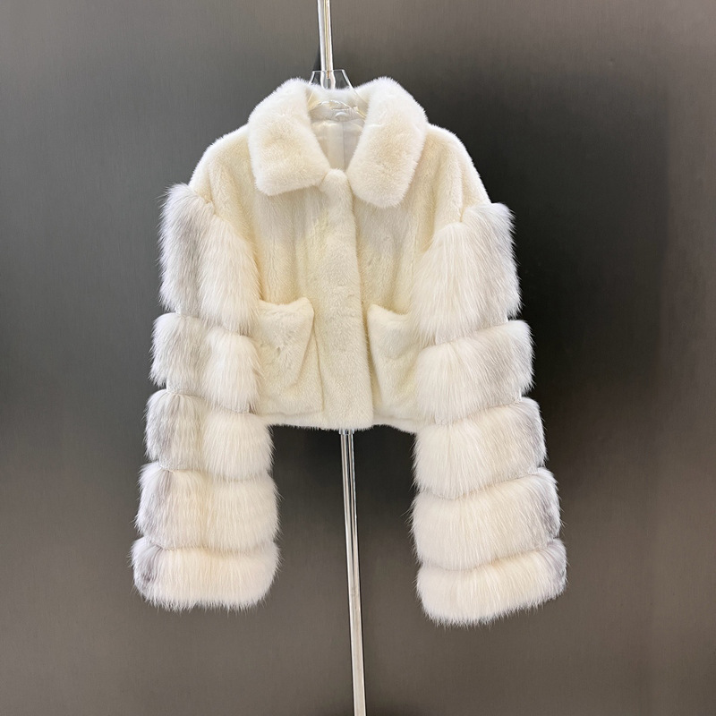 2024季新款芬兰水貂拼接狐狸毛修时尚高贵设计师狐温柔皮草外套女