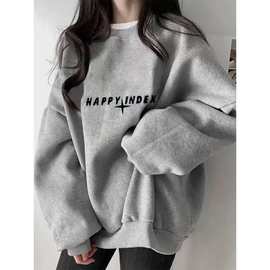 灰色女士卫衣2025新款爆款秋冬季加绒加厚韩系慵懒风外套oversize