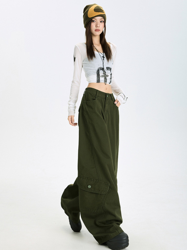 美式街头宽松阔腿裤女2025秋季慵懒风工装裤高腰休闲镰刀弯刀裤|undefined
