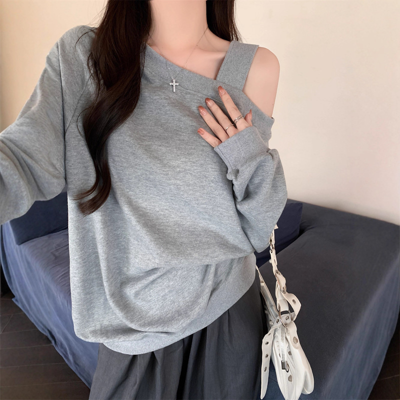 欧美风纯色实拍华棉复合宽松卫衣女斜肩一字领露肩秋冬装|undefined