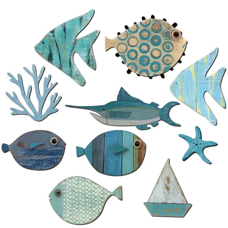 Wooden Nautical Fish Shape Wall Decor Beach Theme Fish Wall Sculpture College Art Coastal Theme Bathroom Decor