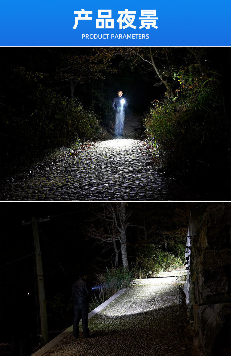 Solar-powered flashlight with multi-functional lighting, dual-head strong light, suitable for night market stalls, side light for wide-area home use, and patrol searchlight
