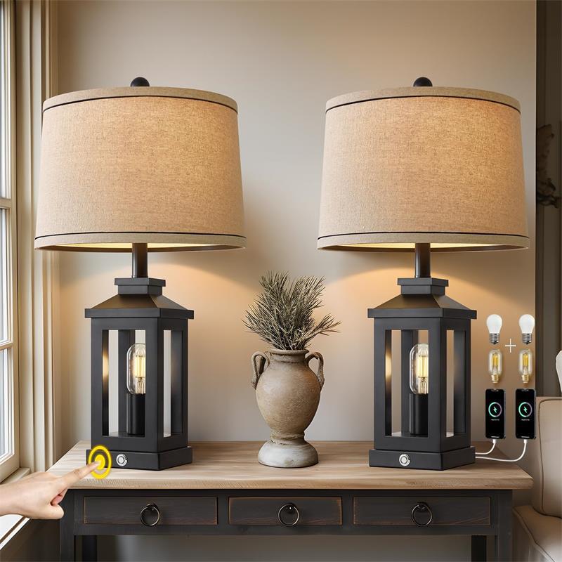 Retro Table Lamp American Country Farmhouse Resin Usba+C Cross-Border Hot-Selling Simple Living Room Study Bedroom Bedside Lamp