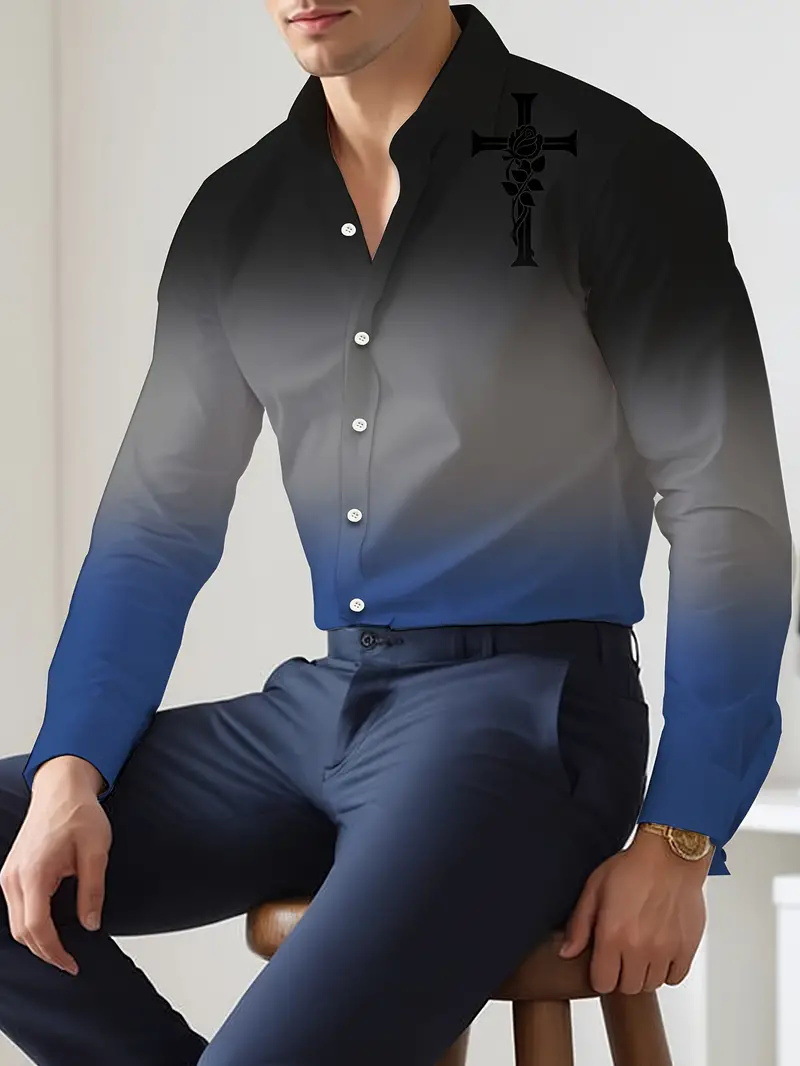 Hombres europeos y americanos 2024 nueva moda suelta degradada camisa de manga larga top se puede usar afuera MB12