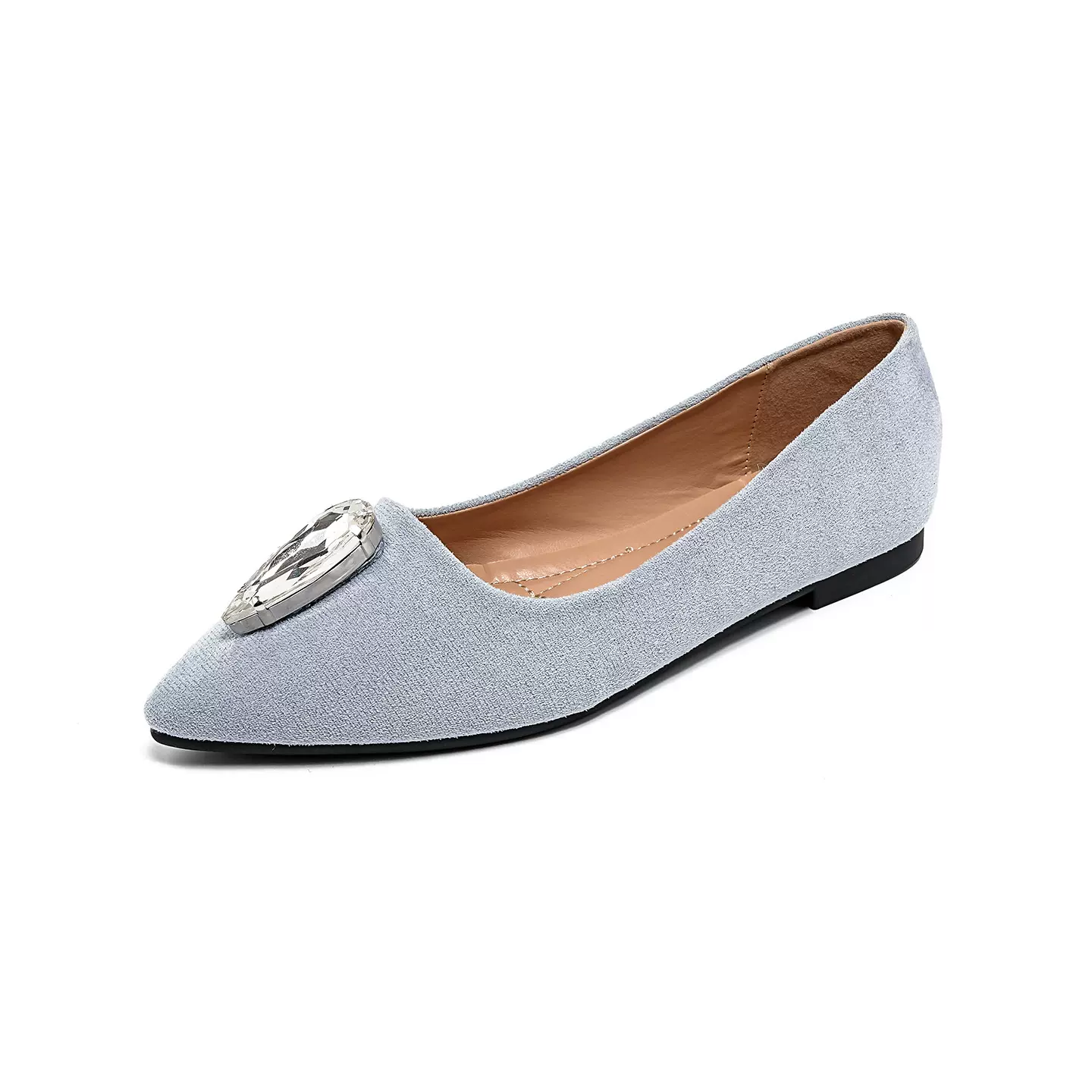 2025法式绒面单鞋春秋新款RV女鞋浅口尖头水钻尖扣平底鞋女雪花扣