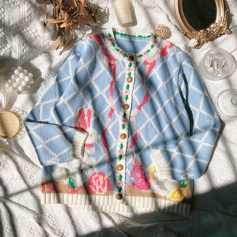 Autumn and Winter Painting Rabbit Embroidery Flower Coat Knitwear Cartoon Cute Gentle Lazy Style Cardigan New Style for Women